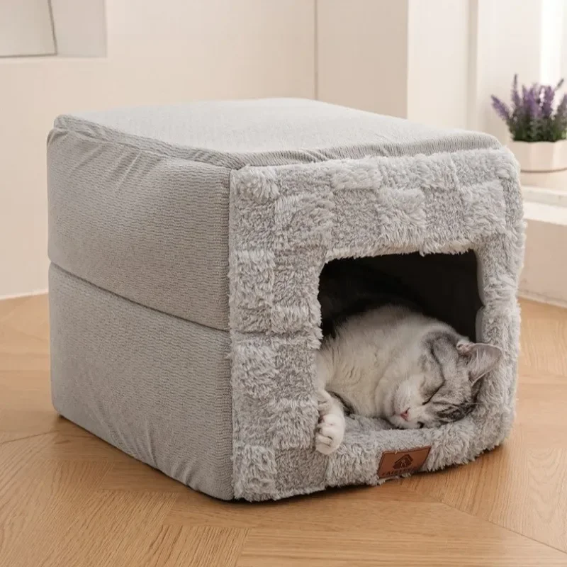 Semi Enclosed Cat Bed Thick Winter Warm Plush Foldable Cozy Washable Indoor Pet House Comfortable