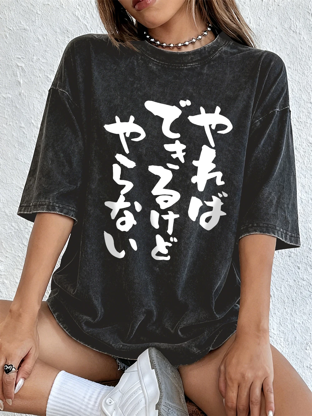 

Japanese Calligraphy Characters Washed T-Shirts Womens Cotton Short Sleeve Tops Summer O-Neck Oversized T Shirt Casual Clothes