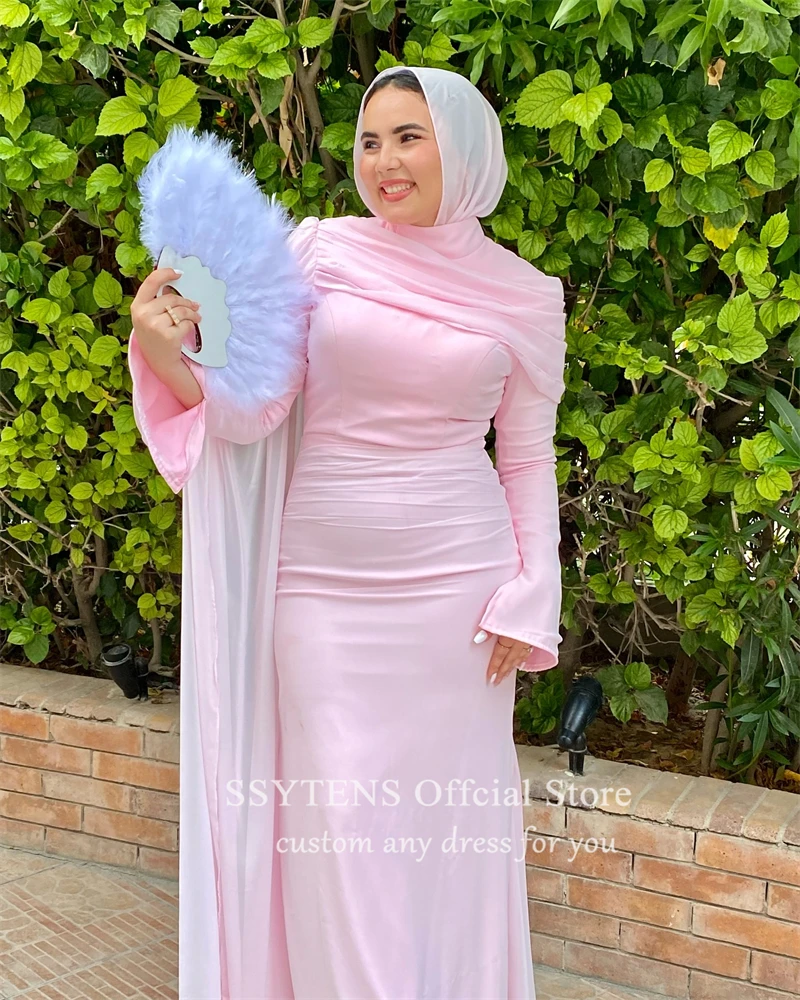 SSYTENS Modest Pink Formal Evening Dresses Muslim Arabic Women Long Sleeves Prom Gowns One Shoulder Special Occasion Party Dress