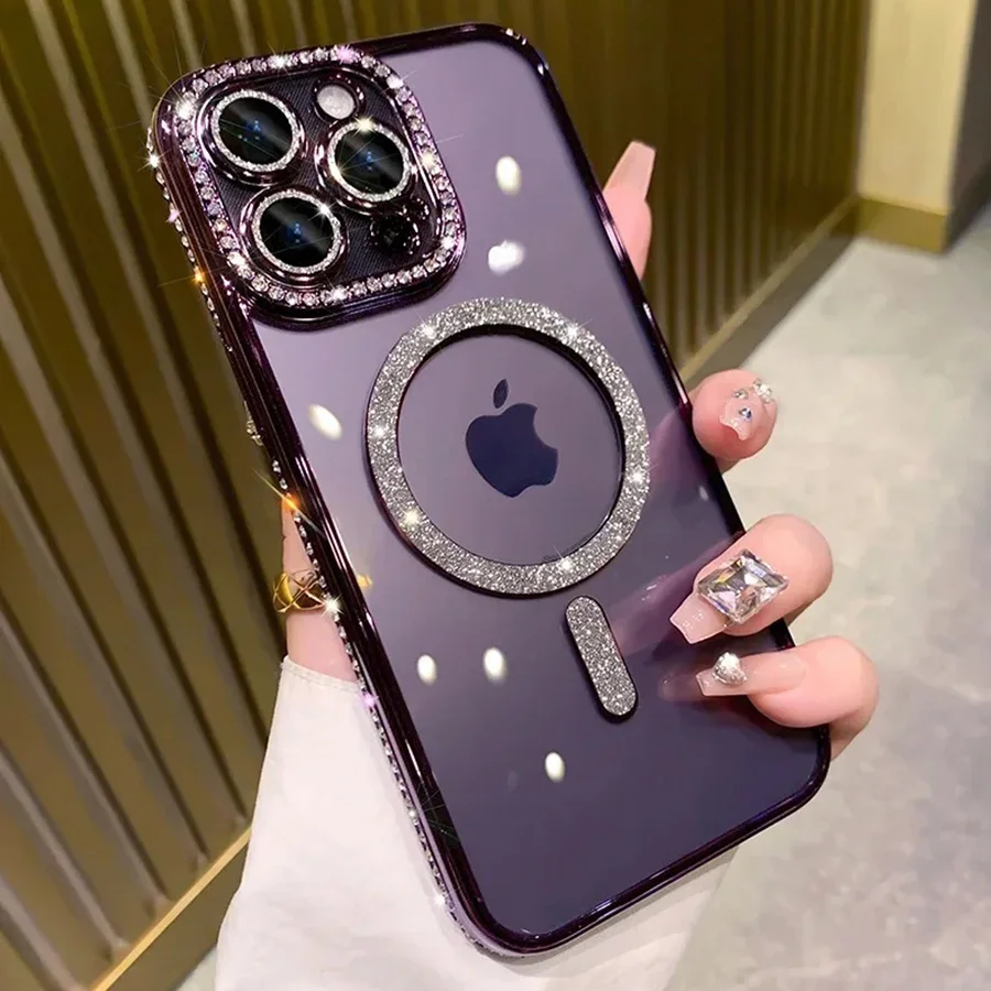 Nueva funda transparente con brillantina y diamantes para iPhone 17 16 15 14 13 11 12 Pro Max con carga inalámbrica magnética 5