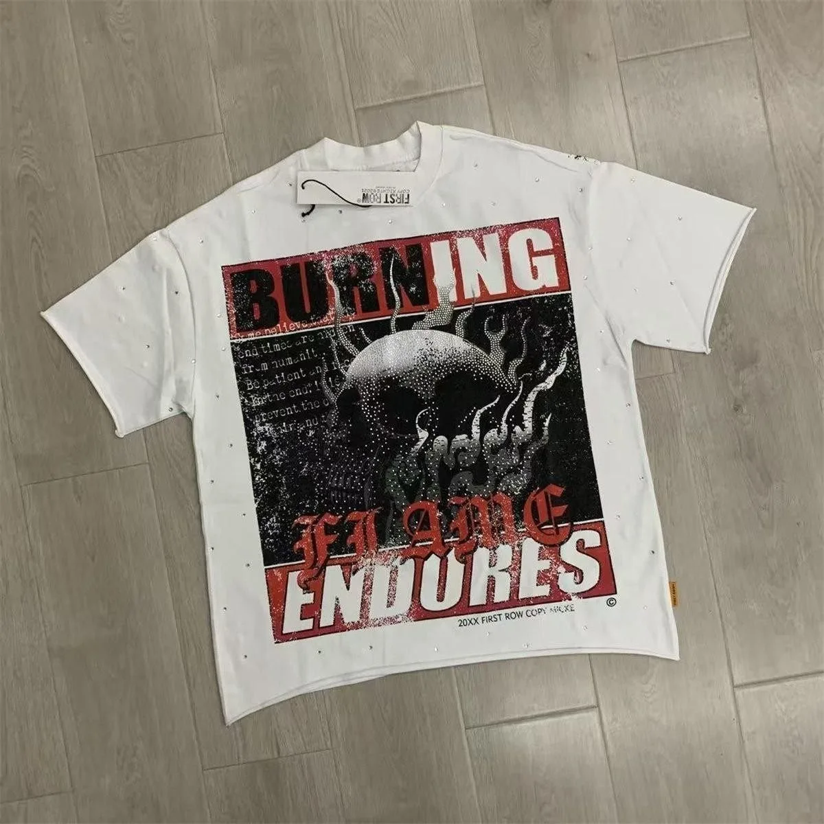 First Row Retro Hip-Hop Beaded Letter Print Round Neck T-Shirt - Loose Washed Vintage Short Sleeve Shirt for Men and Women