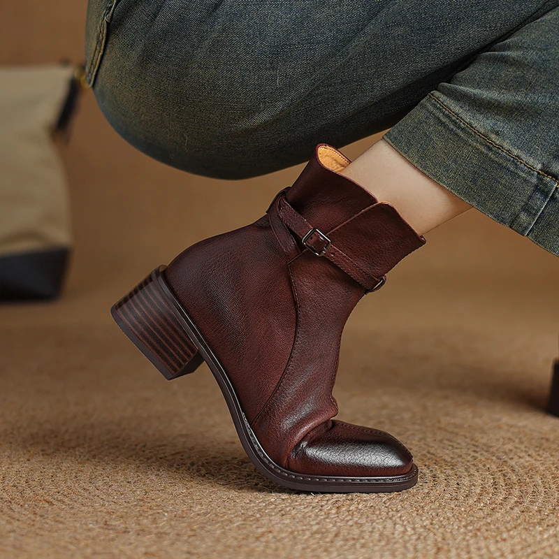 Stivali da donna invernali scarpe in vera pelle per donna scarpe con tacco grosso con punta quadrata stivali Chelsea con cerniera scarpe Casual nere