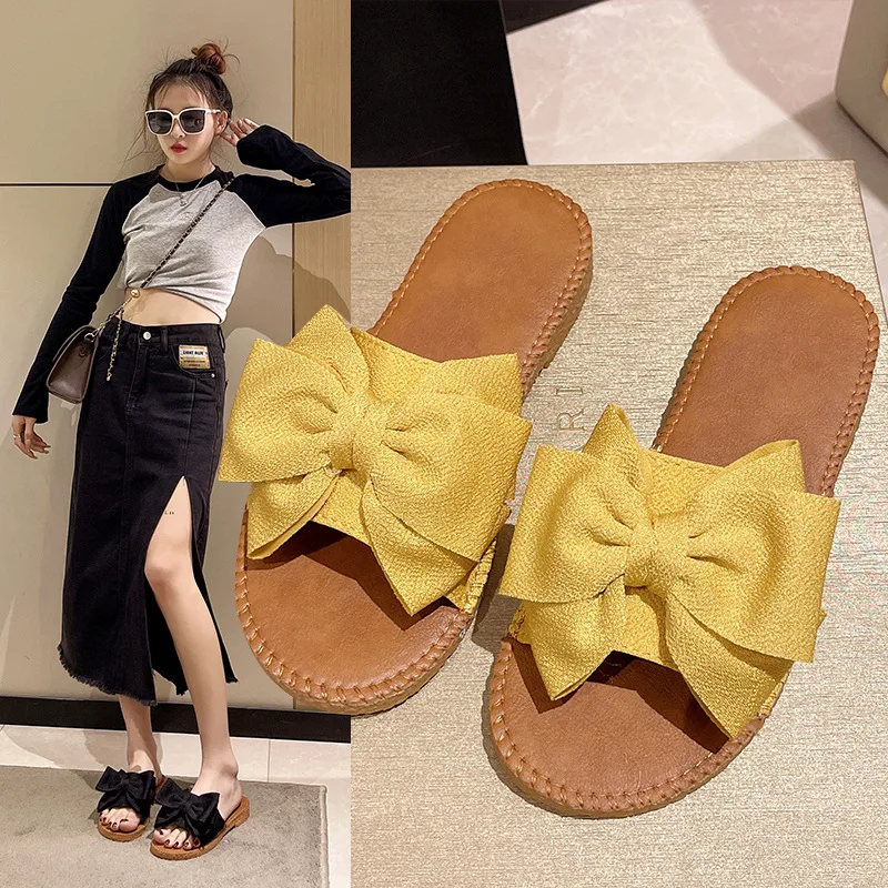 Rubber Slippers Shoes Woman 2024 Luxury Slides Flock Butterfly-Knot Shale Female Beach Low Designer Massage Soft Sabot PU Fashio