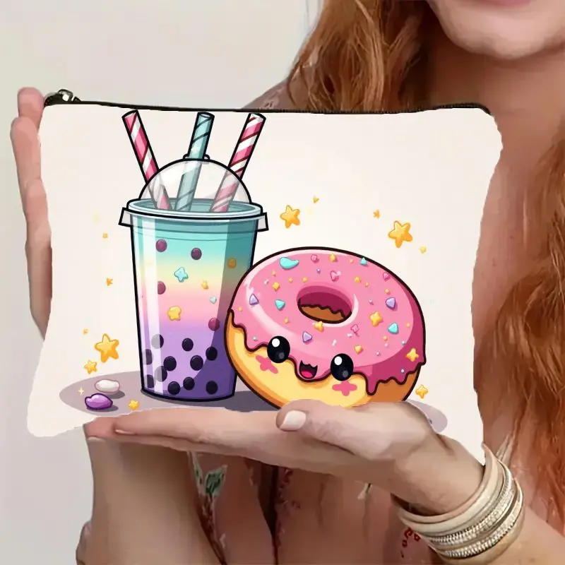 1Pc Cute Donut-Shaped and Bubble Tea-Themed Retro Design Multifunctional Travel Makeup Bag, Snack Storage Bag, Stationery Storage Bag, Fashionable Toiletry Bag, Canvas Double-Sided Printed Zipper Pouch