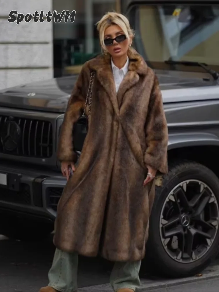 Women's Thick Brown Faux Fur Long Overcoat Fashion Fleece Warm Long Trench Coats Winter Fluffy Plush 2024 New Street Outerwear