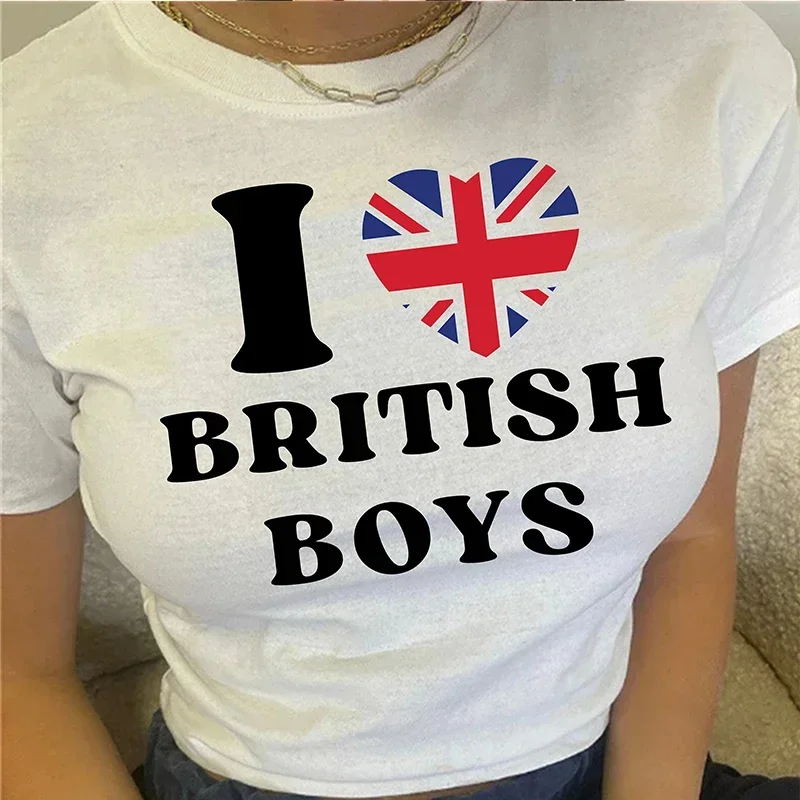 

I Love British Boys Funny Letters Women Crop Top Trendy Baby Tee 2000s Grunge Y2k Goth Clothes Vintage T Shirt College Clothing