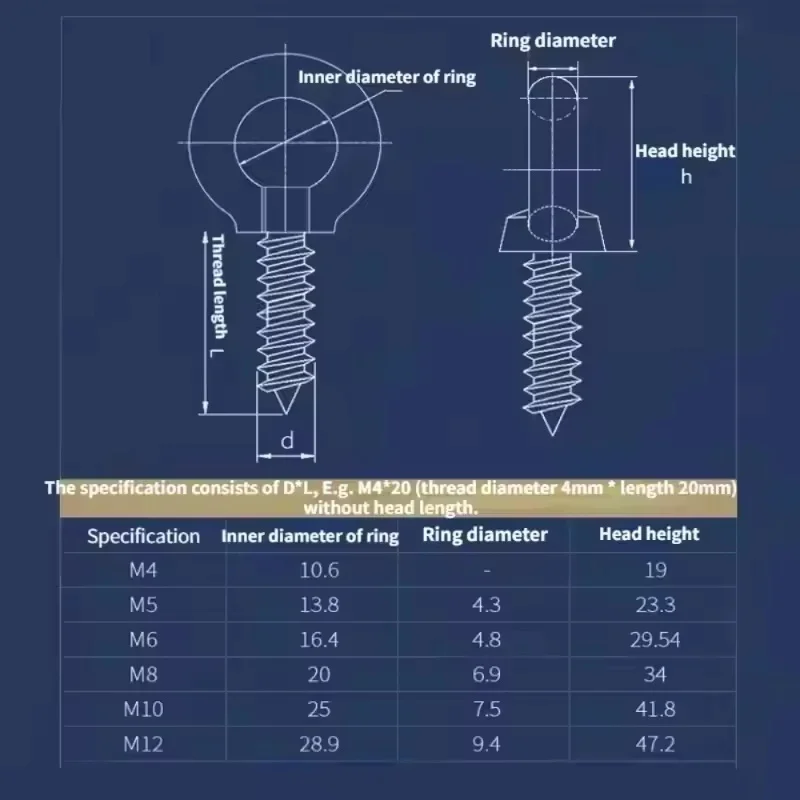 304 Stainless Steel M4 ~ M12 Lifting Eye Round Ring Self Tapping Wood Screws Length: 16 ~100mm