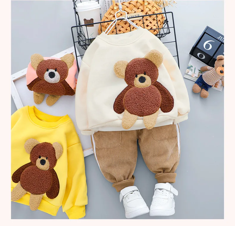 Korean children\'s spring sportswear set cute little bear pullover sportswear for girls wearing loose cotton sweatpants for boys