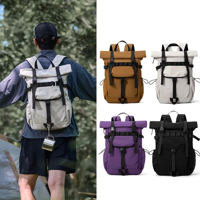 New Men's roll mouth expandable travel backpack laptop backpack outdoor waterproof camping hiking backpack schoolbag