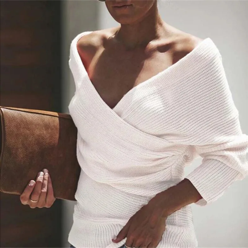 Winter Sexy Deep V-Neck Loose Jumpers Women Sweaters Off Shoulder Solid Color Long Sleeve Knitted Pullover Sweater Sueter Mujer
