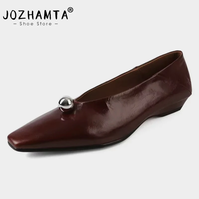 JOZHAMTA Women Vintage Pumps Genuine Leather Mid Heels For Spring Shoes 2025 Ins Fashion Bead Classic Office Dress Size 34-40