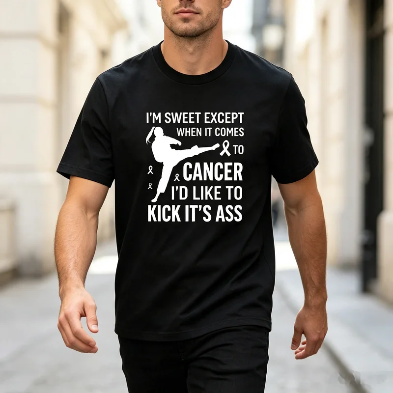 Cancer Awareness Karate Kick Martial Arts Inspirational Fighter Sunset Retro T Shirt Graphic Tee Casual Streetwear for Men Women