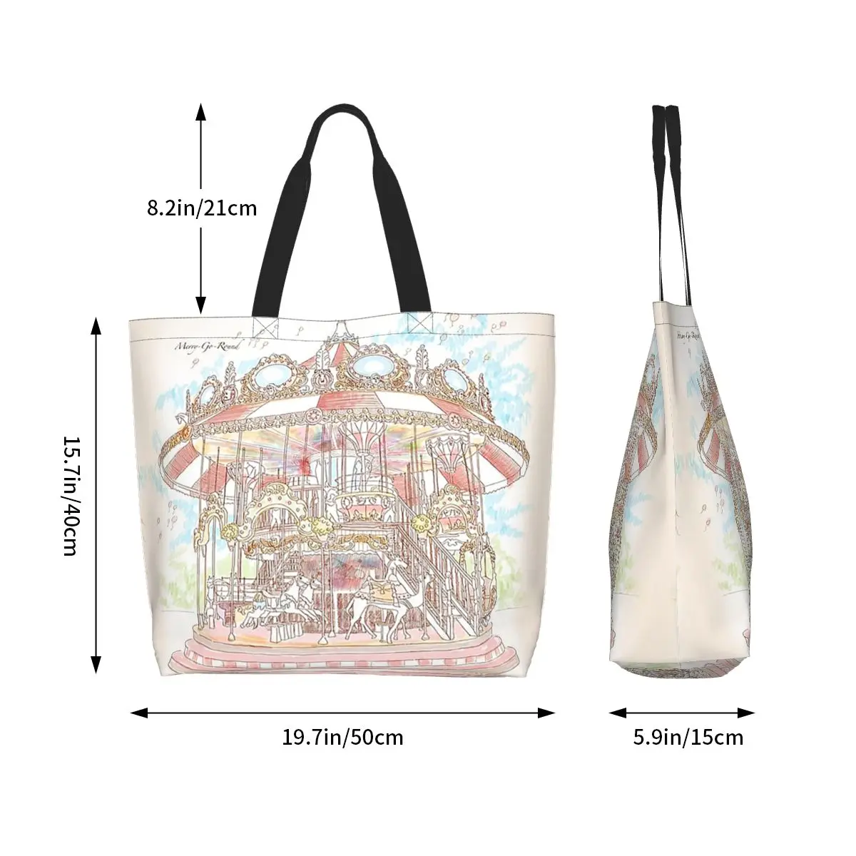 Pastel Circus Carousel Shopping Tote Bag Canvas Large Capacity Shoulder Bags Shopper Grocery Handbag for Women