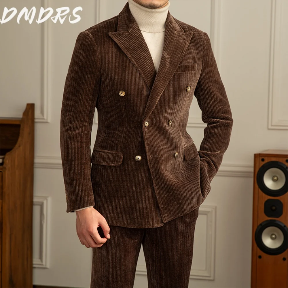 Luxurious Double Breasted Suit With Pit Stripe Chenille Velvet For Classic Banquets Men Suit Tuxedo Luxury Autumn Customized