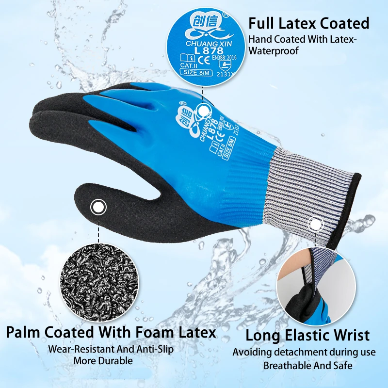 S/M/L Super Grip Work Gloves Double Latex Coated Anti-Slip Waterproof Gloves For Garden Repairing Fishing Work Safety Gloves
