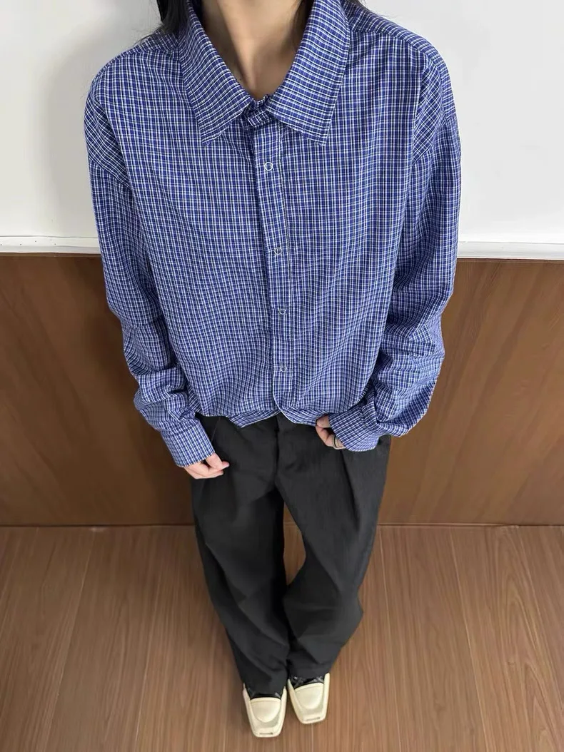 

Мужская повседневная хлопковая рабочая одежда Royal Blue Plaid с длинным рукавом, винтажная, в стиле Cleanfit, серия Miu, приталенный крой
