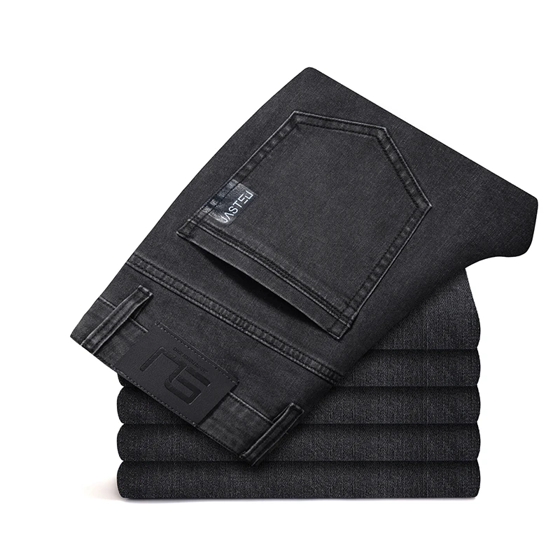 Autumn High Quality Cotton Print on Pockets Personality Vintage New Dark Jeans Stretch Men's Fitted Straight Trousers