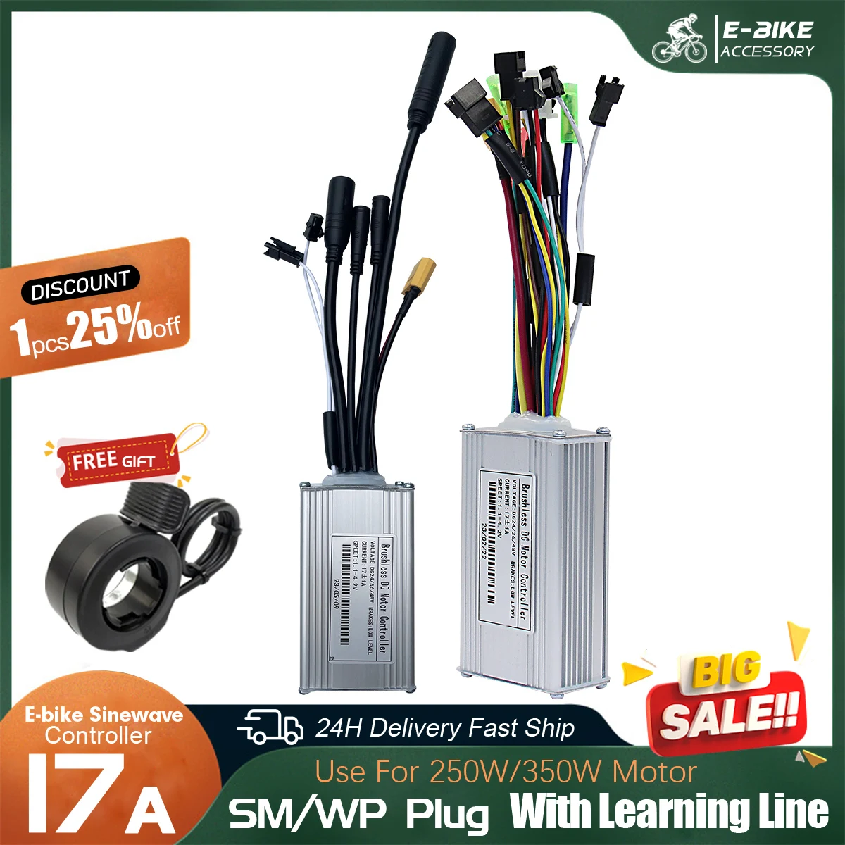 

Трехрежимный синусоидальный контроллер Ebike 24 В/36 В/48 В 17 А с функцией обучения S869, цветной ЖК-дисплей для деталей комплекта электрического велосипеда