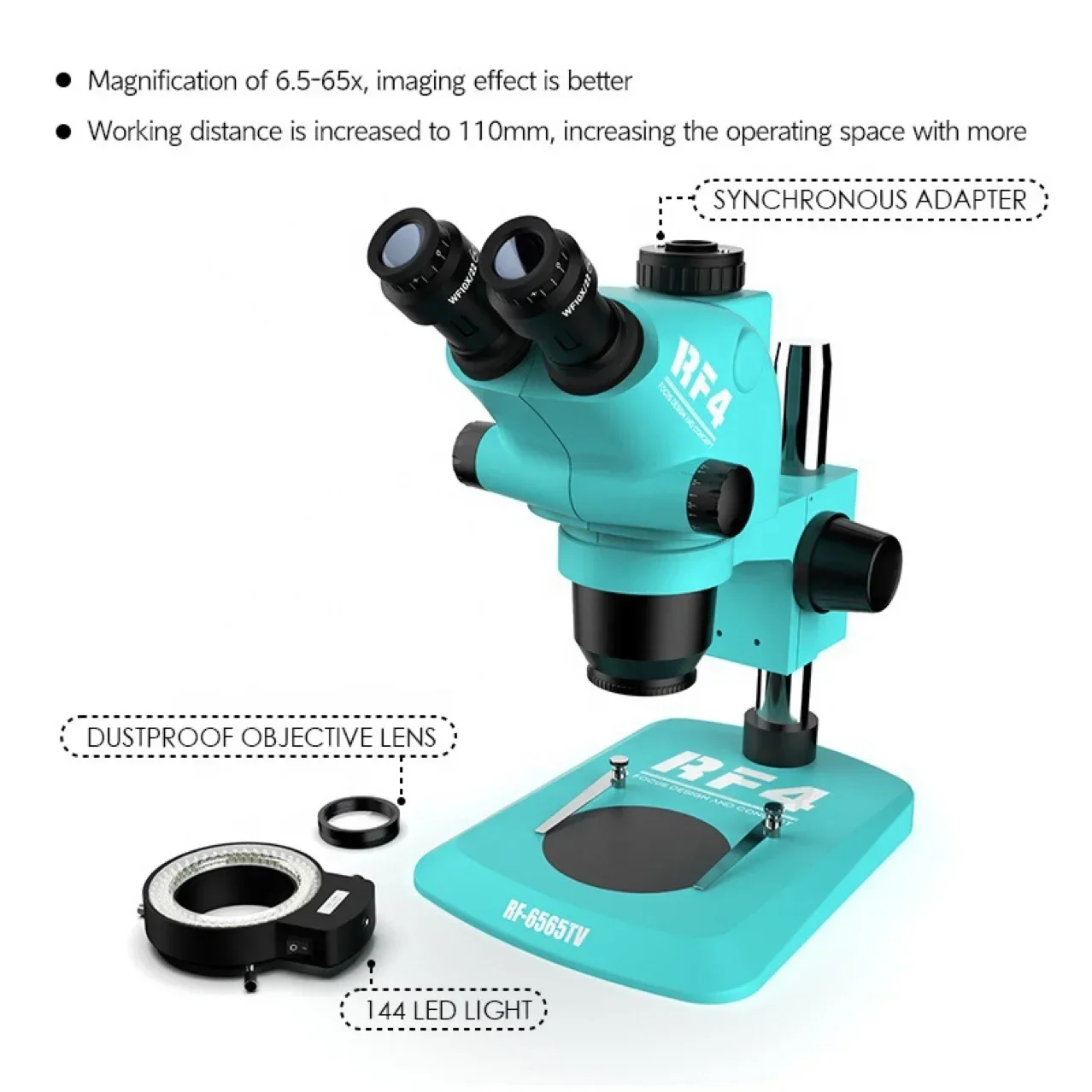 Rf4 RF-6565TV 6.5-65X Adjustable Trinocular Zoom Stereo Microscope for Mobile phone BGA Repair Magnifier