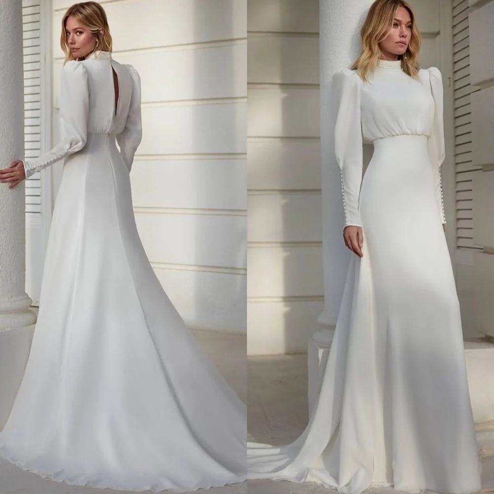 

Customized Dreamy White Wedding Dresses High Quality Long Sleeves Formal Dresses Classic Midi Dresses 2025 Bride Gowns for Women