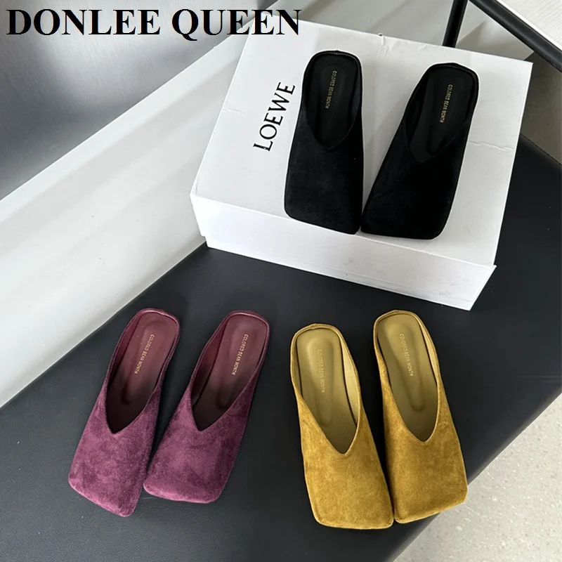 Soft Leather 2024 Ins Yellow Buckle Strap Casual Shoes Fashion Flats Elegant Glitter Metallic Mule Shoes Closed Toe Slippers New