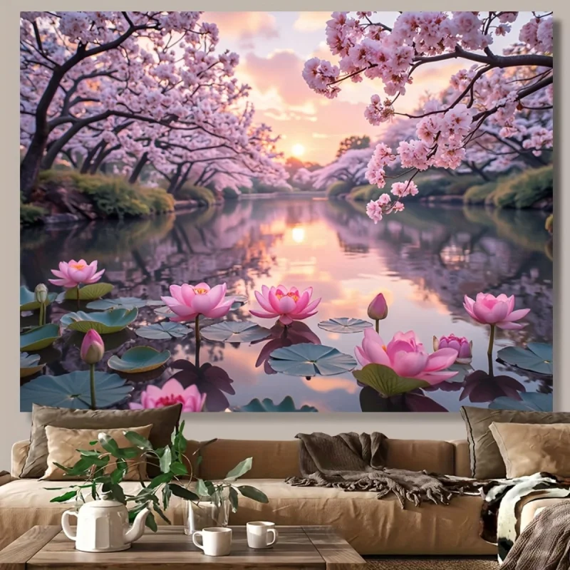 Spring Cherry Blossoms and Lotus Scenery Tapestry Living Room Bedroom Office Polyester Fiber Wall Decoration