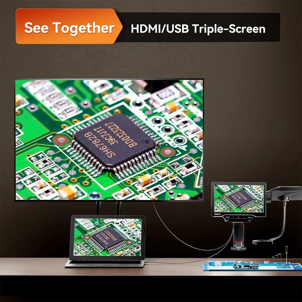 Image of Elikliv 10,1' 3D-Digitalmikroskop mit flexiblem Arm und magnetischer Doppellinse, HDMI 3K, Löt-Mikroskop für Elektronik EM3K-3D Max