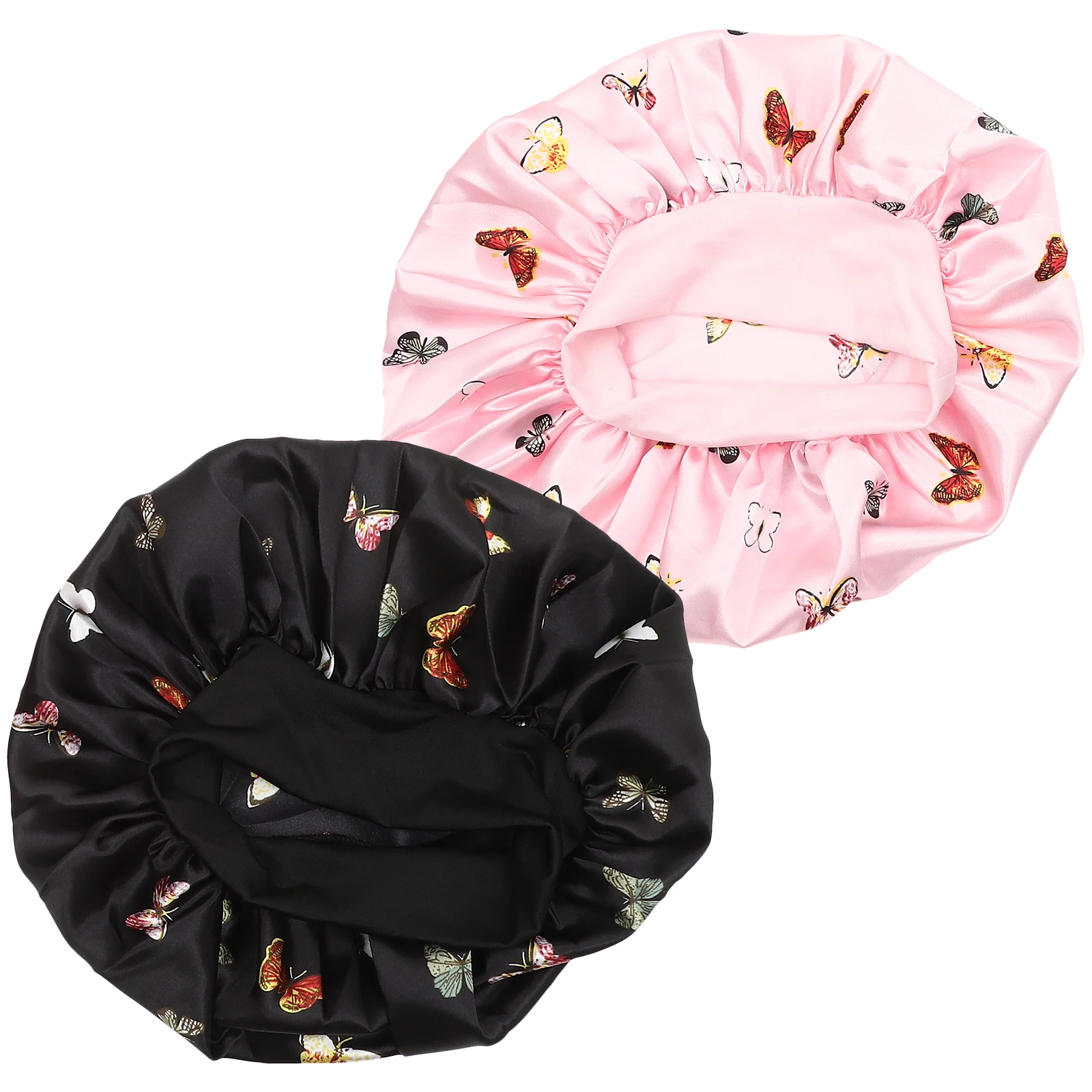 

2pcs Butterfly Pattern Satin Sleep Caps for Women Long Short Hair Sleeping Face Washing Makeup Salon Use Hair Care