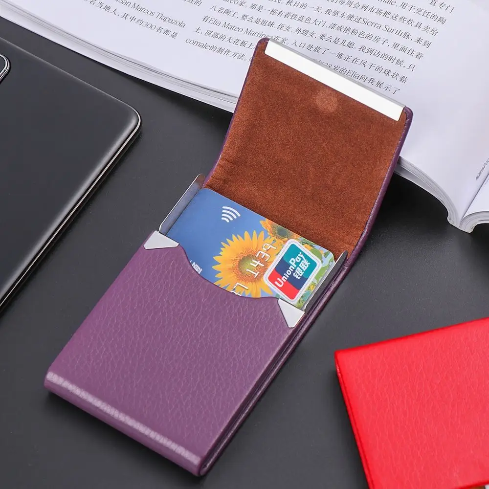 Fashion PU Leather Business Card Holder with Magnetic Buckle Slim Pocket Name Card Holder Stainless Steel Credit Card ID Case