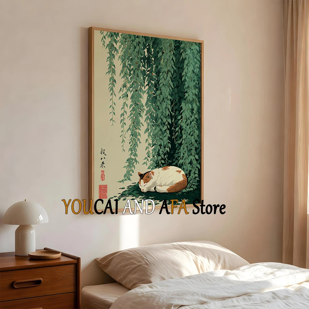 Japanese Sleeping Calico Cat Sleeping Under Willow Leaves UkiyoE Style Wall Decor Asian Nature Zen Garden Poster Canvas Painting