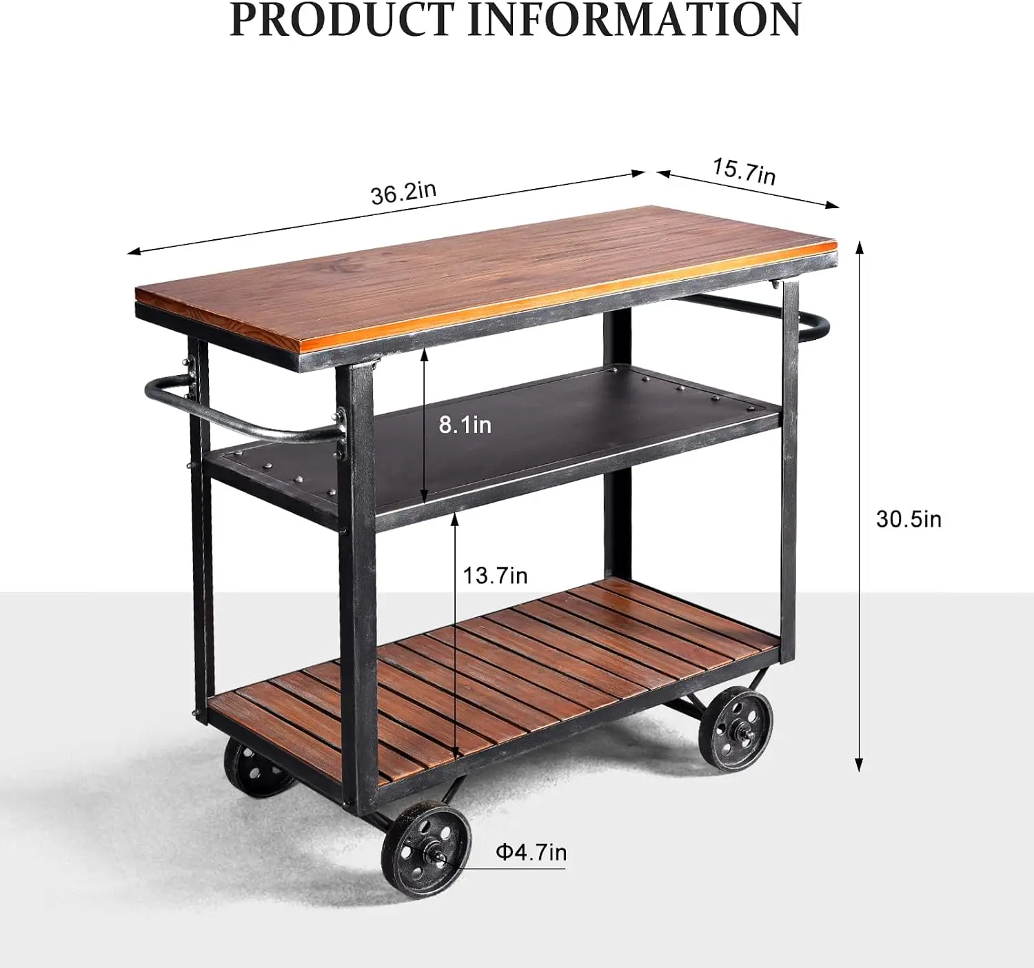 Three Layer Rolling Metal Storage Cart with Wooden Shelf, Industrial Mobile Wine Beverage Organizer with Lockable Wheels for Kitchen Bar Dining Room