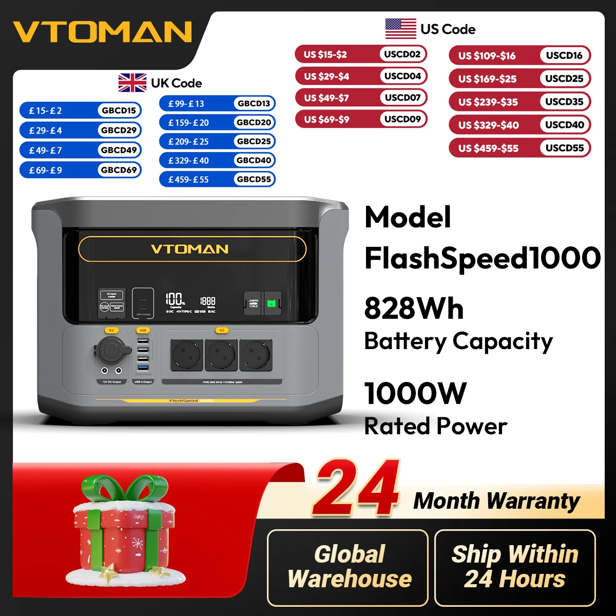 

Портативная электростанция VTOMAN FlashSpeed 1000, 2000 Вт, 828 Втч, LiFeP04, аккумулятор аварийного питания для уличной палатки, путешествий