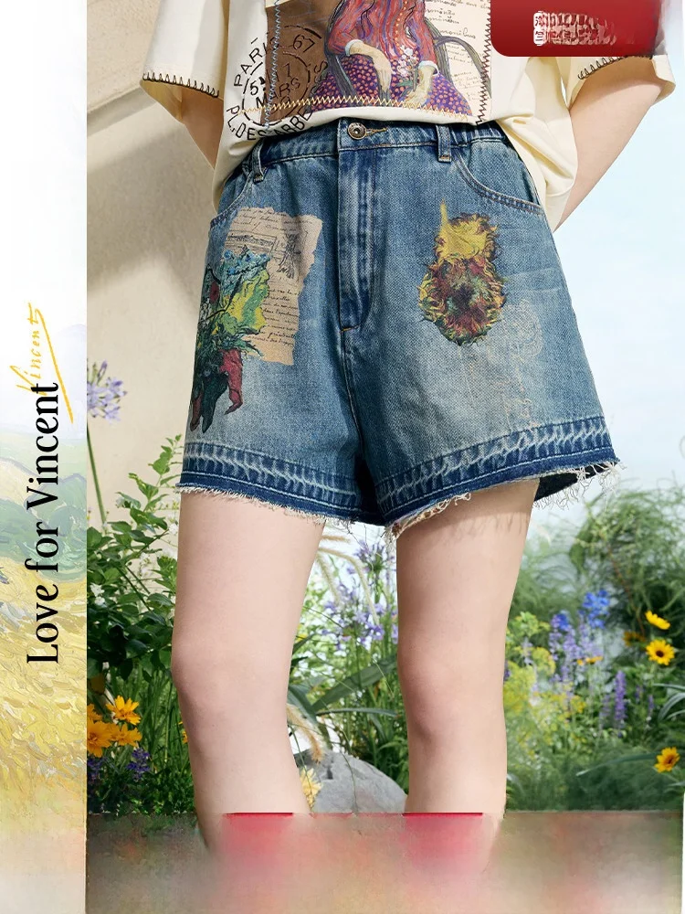 

Винтажные джинсовые шорты с цветочным принтом и рваным краем, женские, с высокой талией, прямого кроя, повседневные, летние, деним, для женщин 25-29 лет, светлый цвет