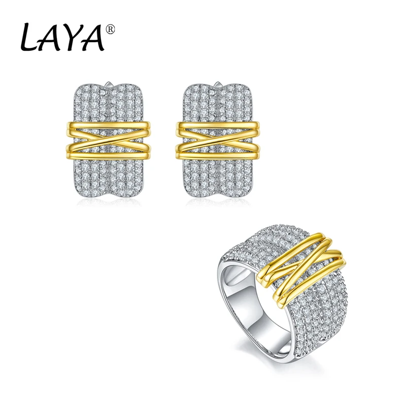 Laya Earrings Ring Sets For Women 925 Sterling Silver Fashion Retro Light Gold Multi-Line Shining Zircon Original Modern Jewelry