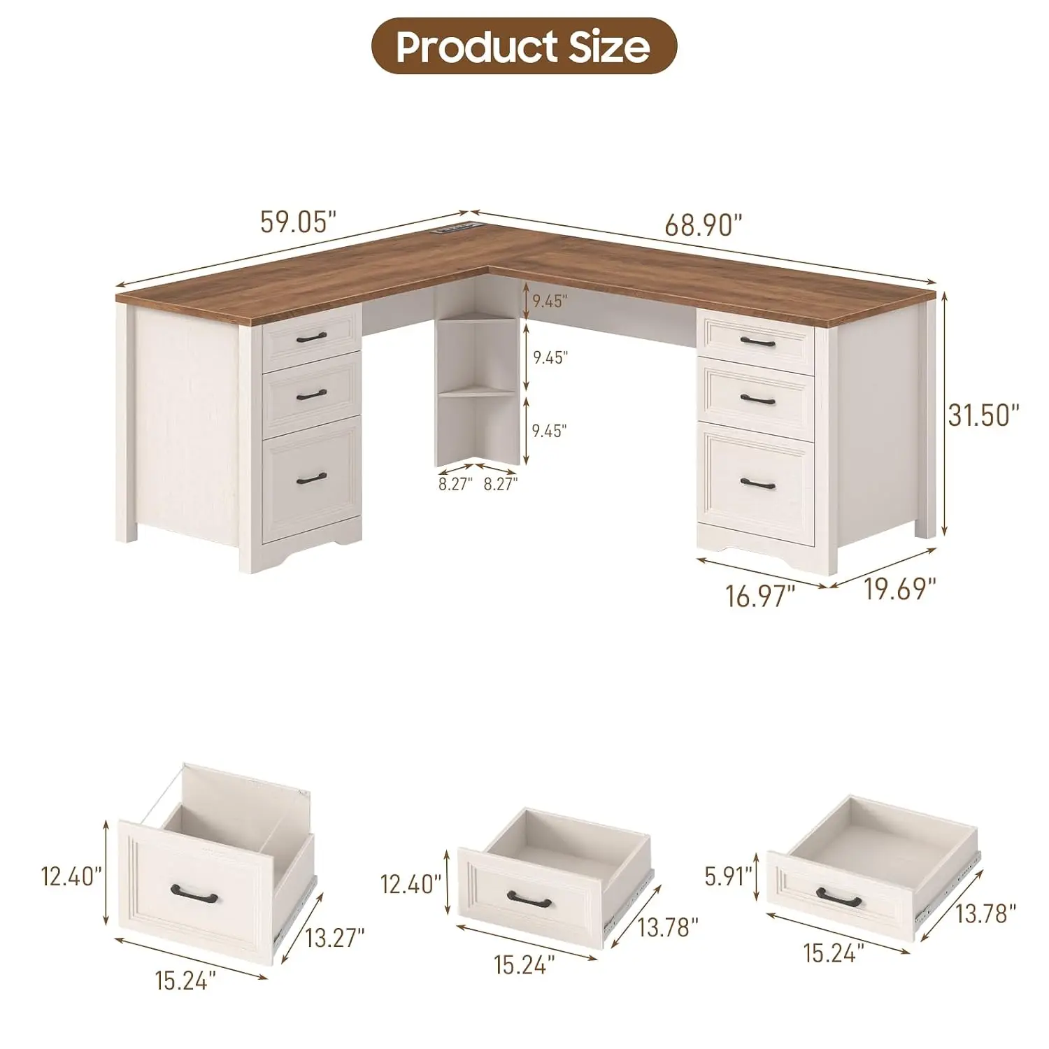 Wood L Shaped Executive Desk 6 Drawers Power Outlets Triangle Storage Shelf File Cabinet Corner Computer Desk, Customized