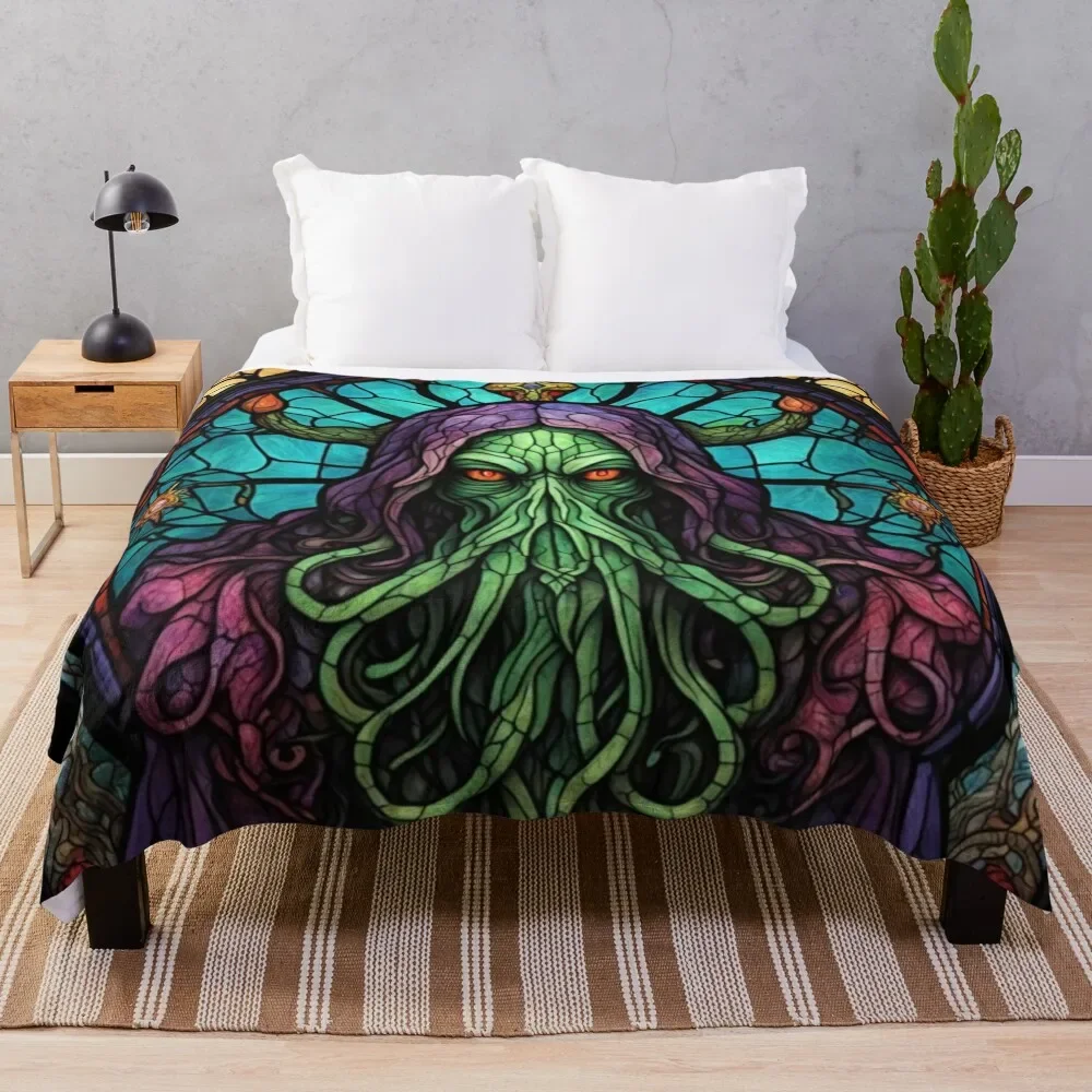 Cthulhu Stained Glass, Unholy, Lovecraftian, Tentacles, Horror Throw Blanket Fade Resistant Durable Throw Blanket