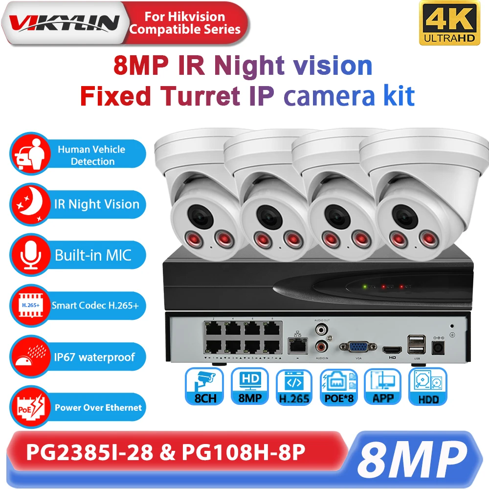 Vikylin 4K 8MP IR Night Vision IP Camera 8CH Network Video Recorder Home Outdoor CCTV Security System Video Surveillance Kit MIC