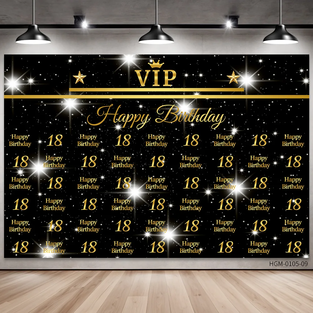 Happy 18th Birthday Backdrop Black Gold Glitter Boys Girls Age 18 Years Old Birthday Party Banner Photography Background Prop