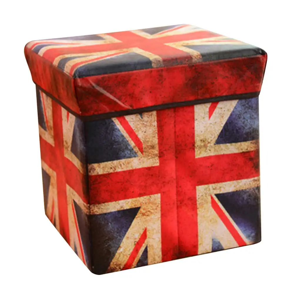 Retro Non-woven Bear Flag Print Folding Storage Decor Stool Sit Box Home Decoration