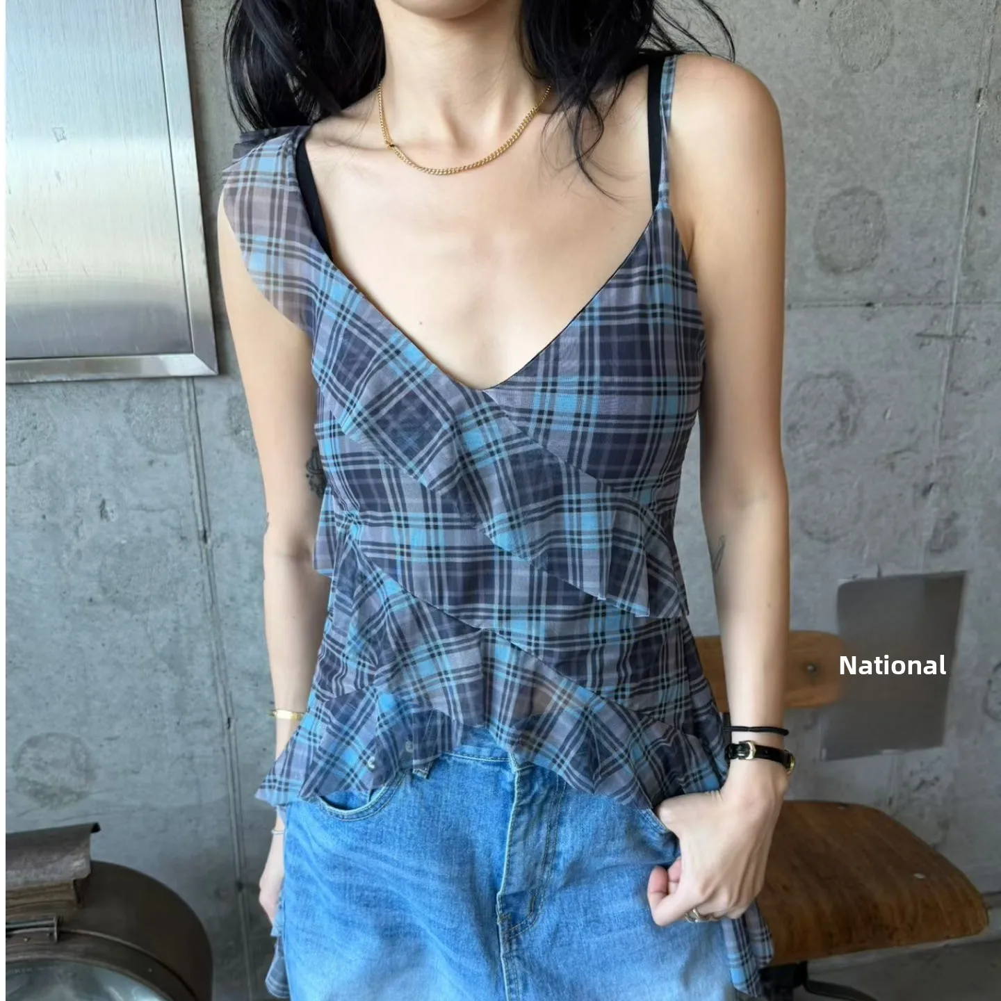 Fashionable Checkered Mesh Vest Versatile Korean Style Summer New Arrival Women's Slim Fit Inner Wear V-Neck No Brand