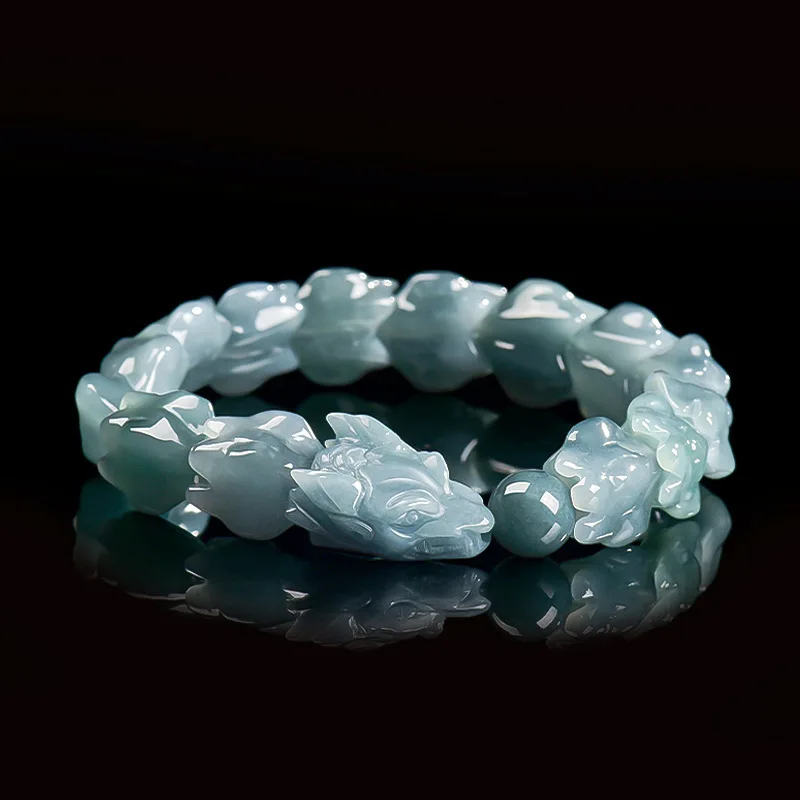 Blue Myanmar Jadeite Dragon Bracelet Talismans Natural Burmese Jade Stone Bangle Charm Amulet Carved Gemstone Vintage