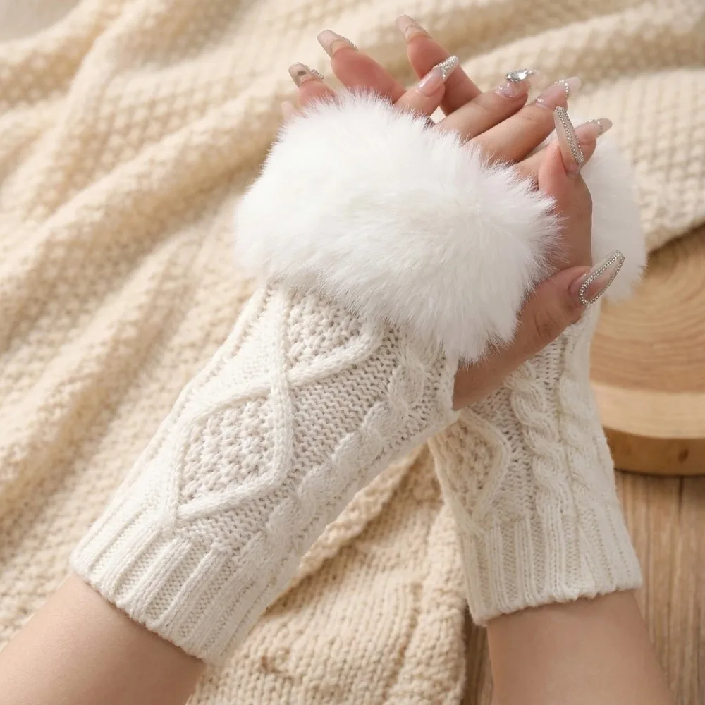 Cable Knit Fingerless Arm Warmers Faux Fur Cuff Rhombus Pattern Half Finger Gloves Strench Soft Sleeve Cover Autumn Winter