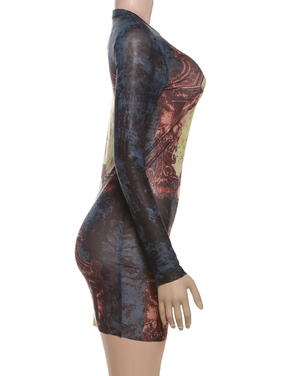 ZIML Amerikanischen Stil Slim Fit Druck Mini Kleider Für Frauen Rundhals Langarm Hohe Taille Design Sinn Party Kleid Weibliche