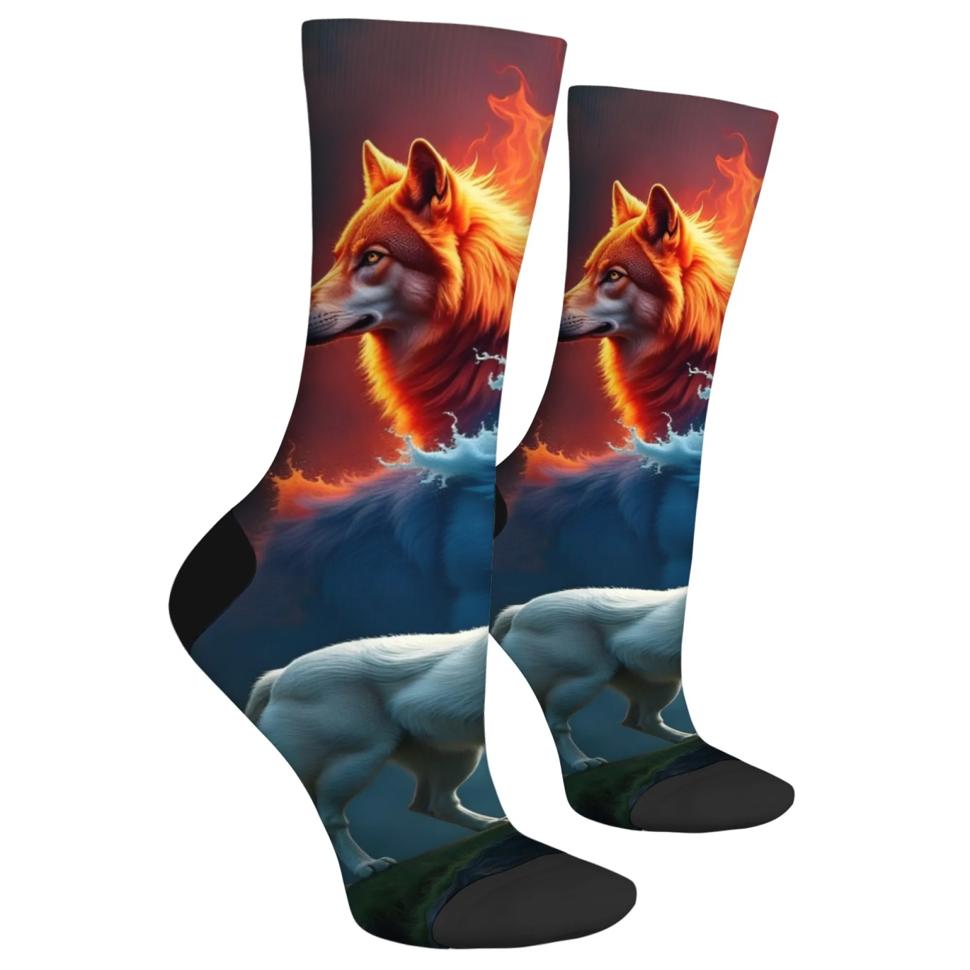 Harajuku Retro Fantasy Ice and Fire Style Casual Socks with Flame Wolf Ice Wave and White Wolf Patterns - Men's Socks - Fun Gift