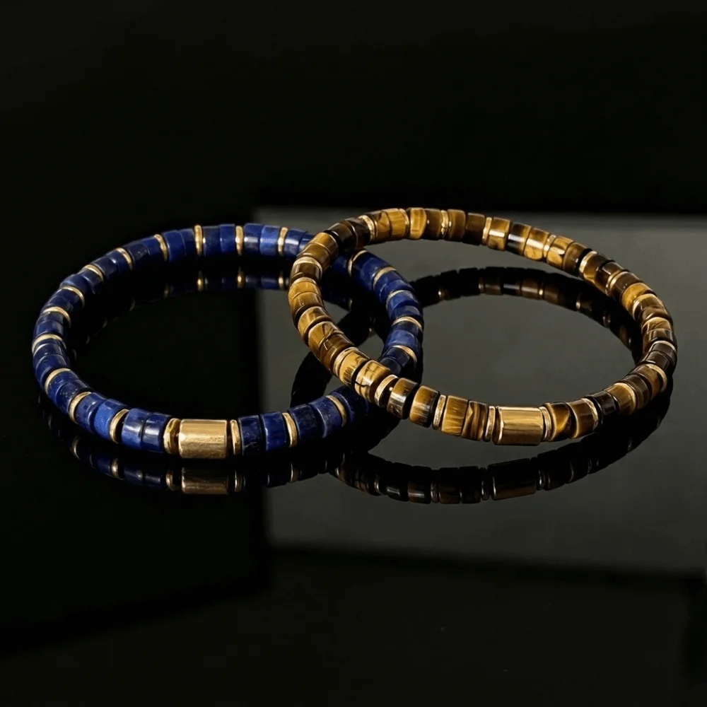 Golden Spacer Tube Bead Stretch Bracelet Blue Yellow Chunky Men Stone Bracelet Enjoyable To Handle Portable Beaded Hand Chain