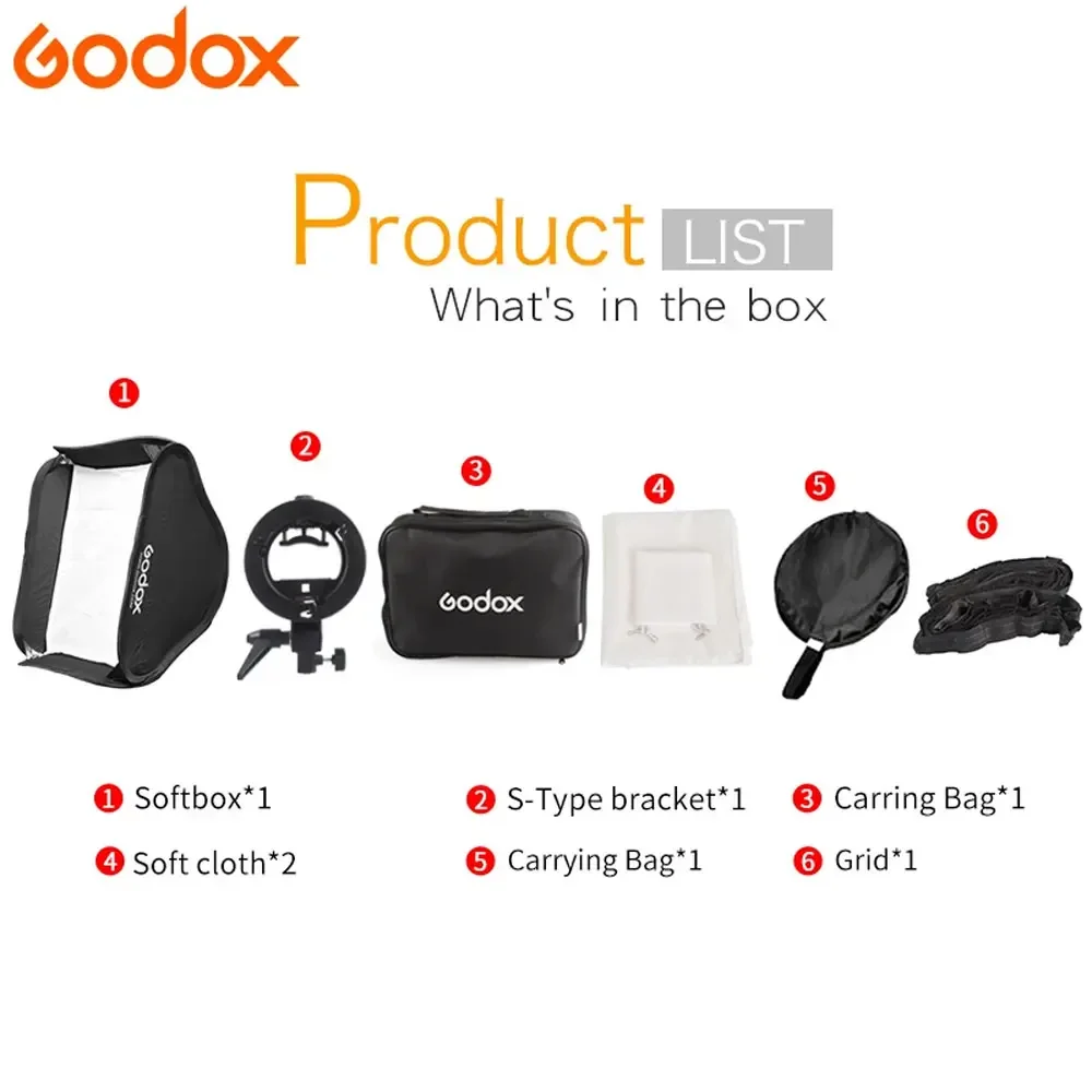 Godox 40x40 50x50 60x60 80x80cm Softbox with S1 S-Type Bracket Honeycomb Grid Bowens Mount Flash Bracket Mount Foldable Softbox