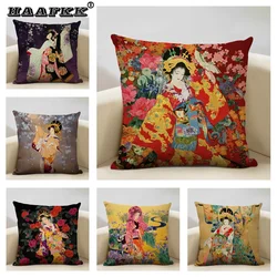 Classic Retro Japanese Lady Decorative Cushion Cover Living Room Sofa Pillow Case 45x45cm Linen Pillowcase Home Art Decor