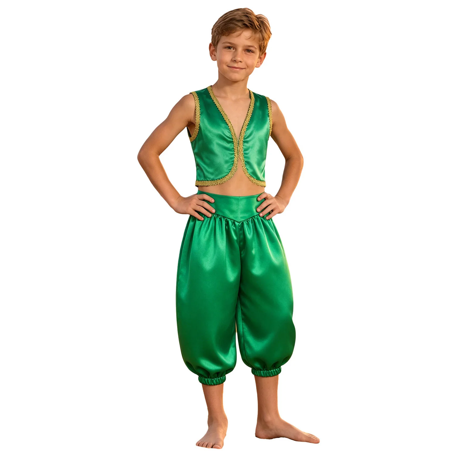 Kids Boys Arabian Prince Cosplay Costume Halloween Indian Fairy Tale Dress Up Open Front Golden Braided Trim Vest+Capri Pants