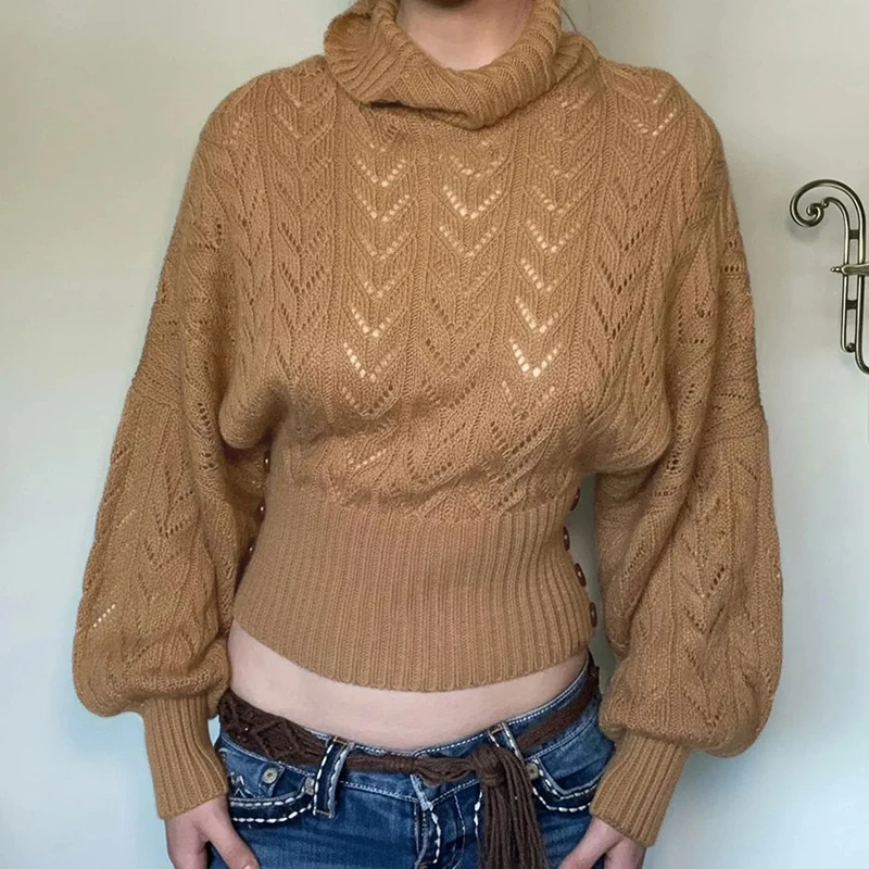 Vintage Streetwear Crop Knit Sweater Women Lazy Wind Hollow Out Button Pullovers American Retro Long Sleeve Y2K Hottie Jumpers
