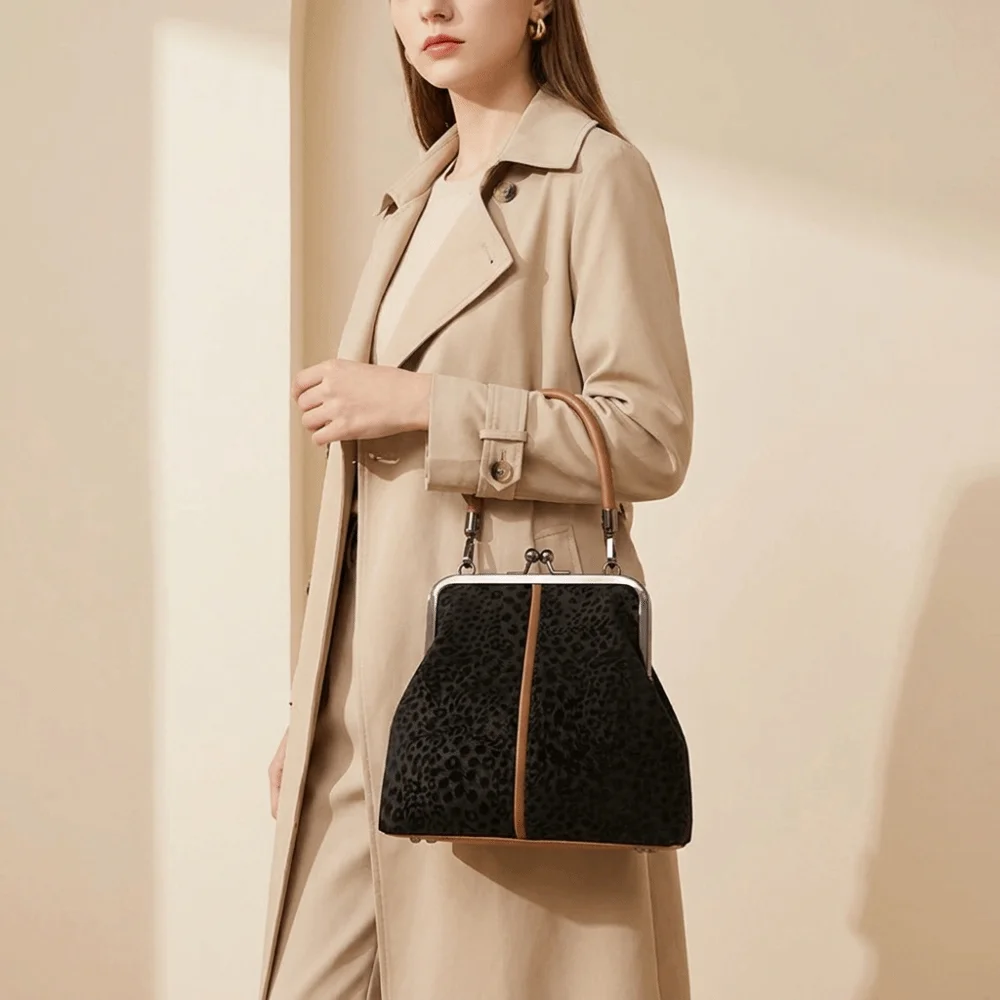 PU Kiss Lock Shoulder Bag Large Capacity Leopard Print Crossbody Bag High Quality Messenger Pouch Vintage Handbag Girls